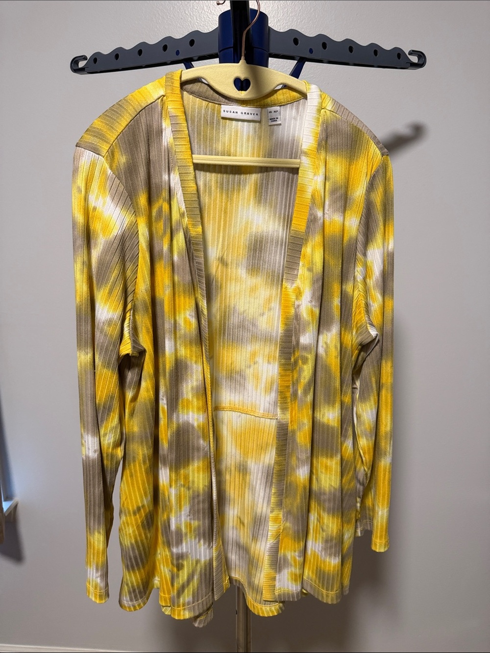 Susan Graver Yellow Tan White Tie-Dye Ribbed Open Cardigan